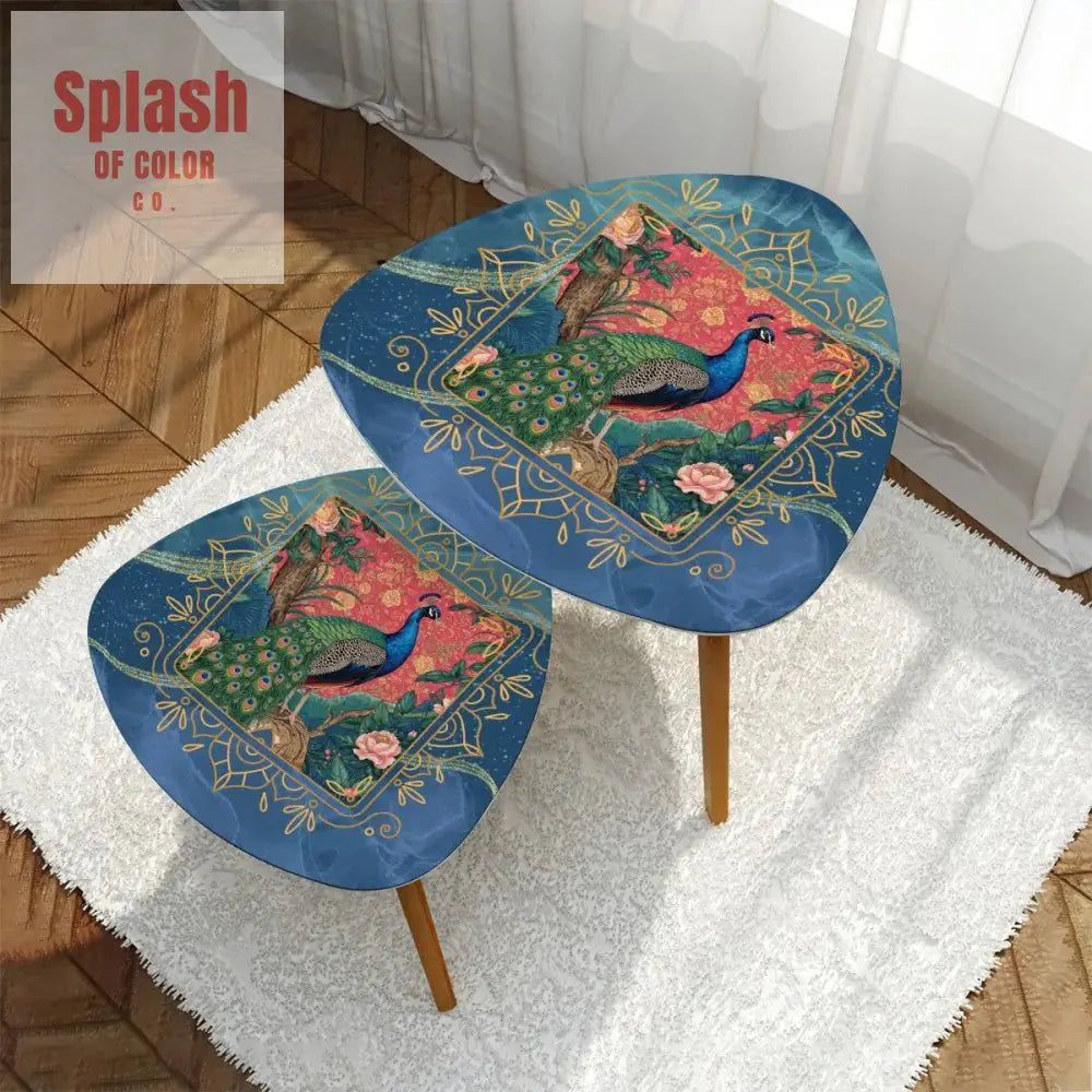 Elegant Watercolor Peacock Blue Gold Accent Asian Chinoiserie Designed Nesting Tables