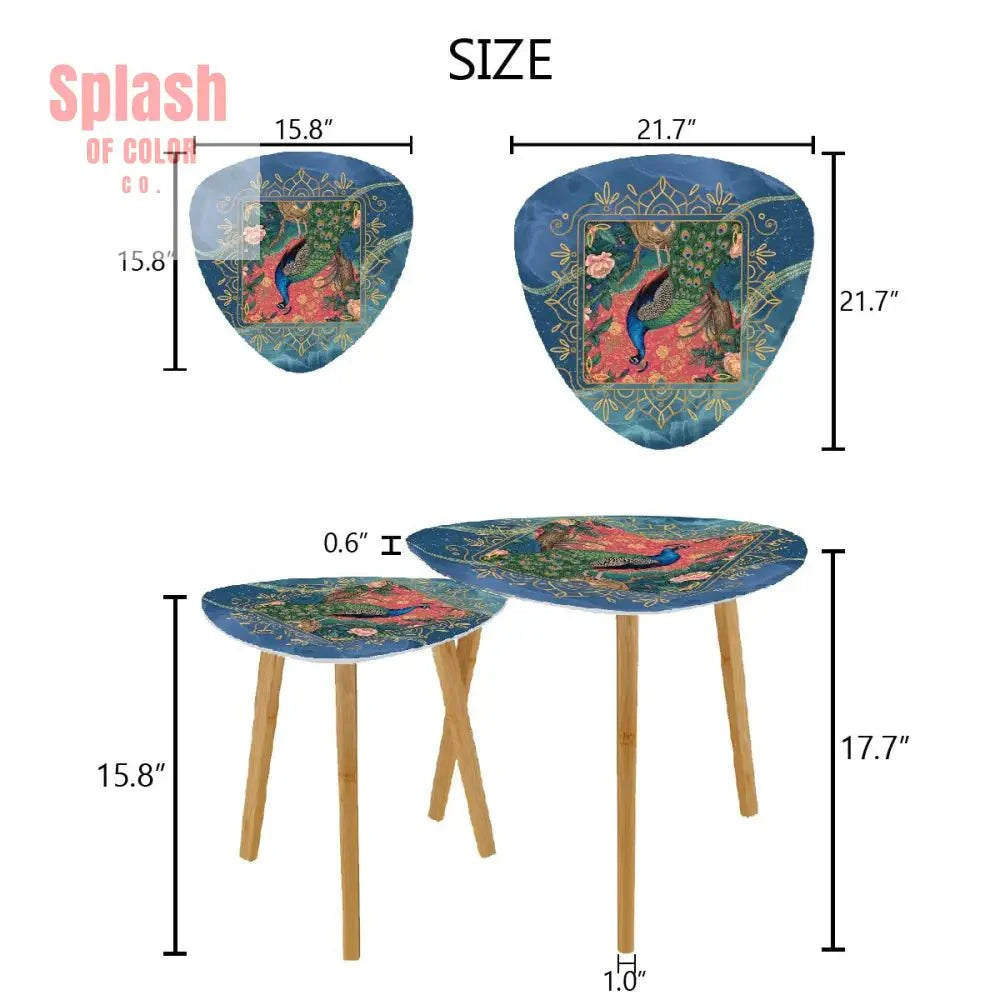 Elegant Watercolor Peacock Blue Gold Accent Asian Chinoiserie Designed Nesting Tables