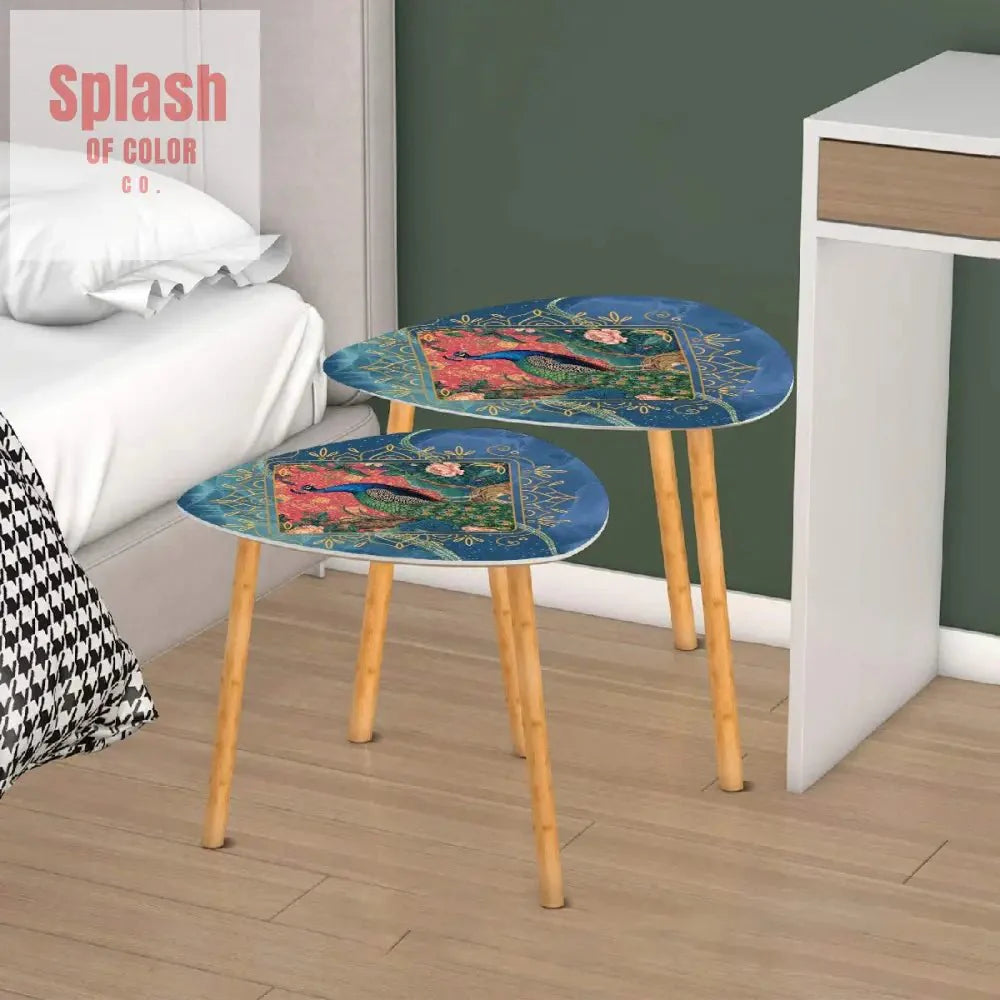 Elegant Watercolor Peacock Blue Gold Accent Asian Chinoiserie Designed Nesting Tables