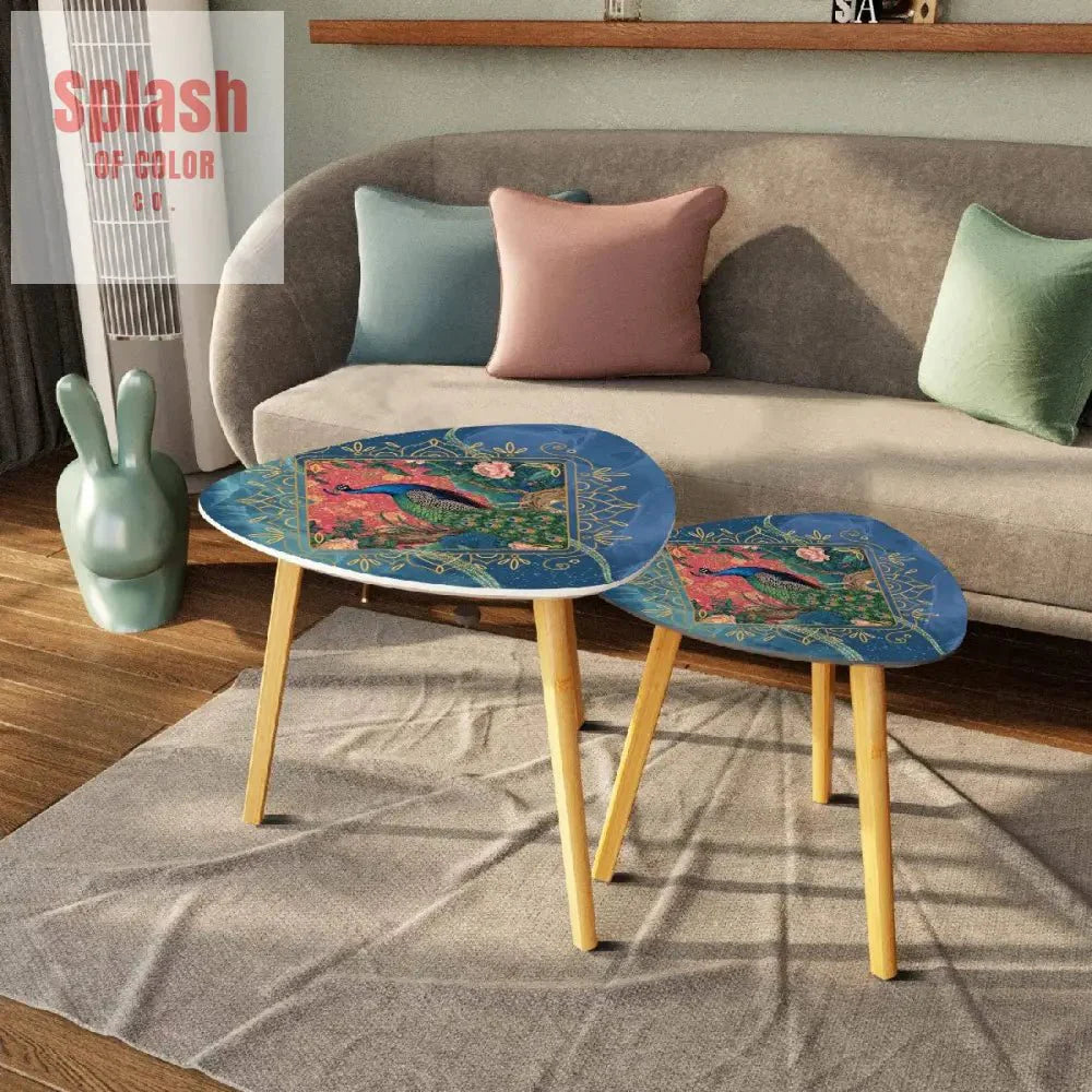 Elegant Watercolor Peacock Blue Gold Accent Asian Chinoiserie Designed Nesting Tables