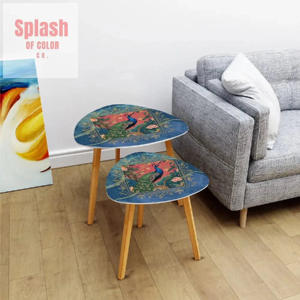 Elegant Watercolor Peacock Blue Gold Accent Asian Chinoiserie Designed Nesting Tables