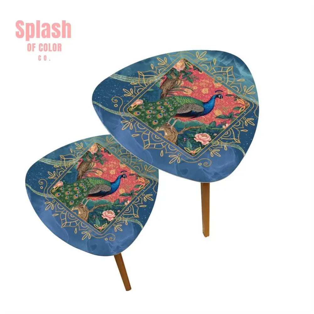Elegant Watercolor Peacock Blue Gold Accent Asian Chinoiserie Designed Nesting Tables