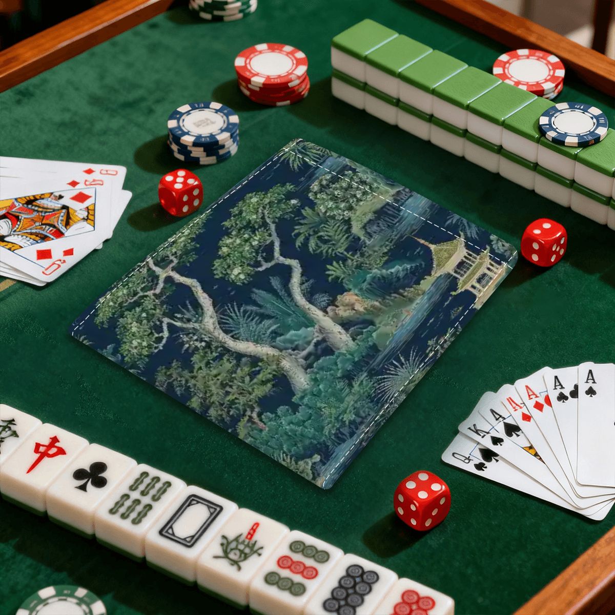 Asian Zen Garden Chinoiserie Blue, Green Designed 4 Mahjong Card Holder with Line Finder