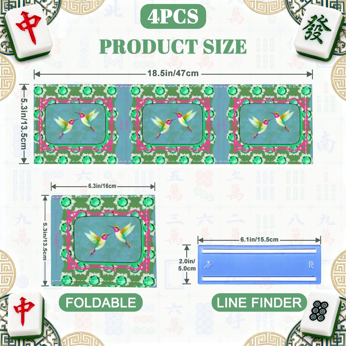 Emerald Mahjong, Flutterbird, Preppy Pink, Green Blue Floral 4 Mahjong Card Holder with Line Finder