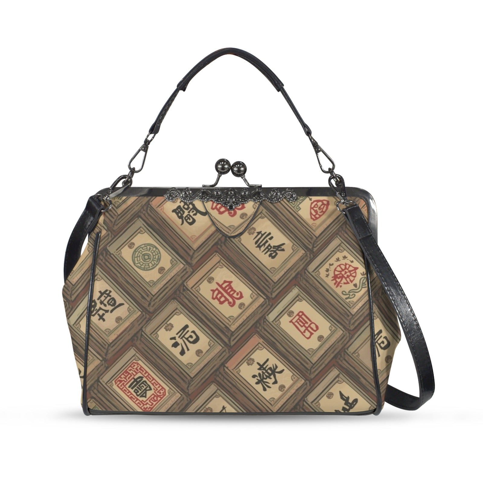 Mahjong Tile Vintage Kisslock Crossbody Shoulder Bag, Trendy And Stylish