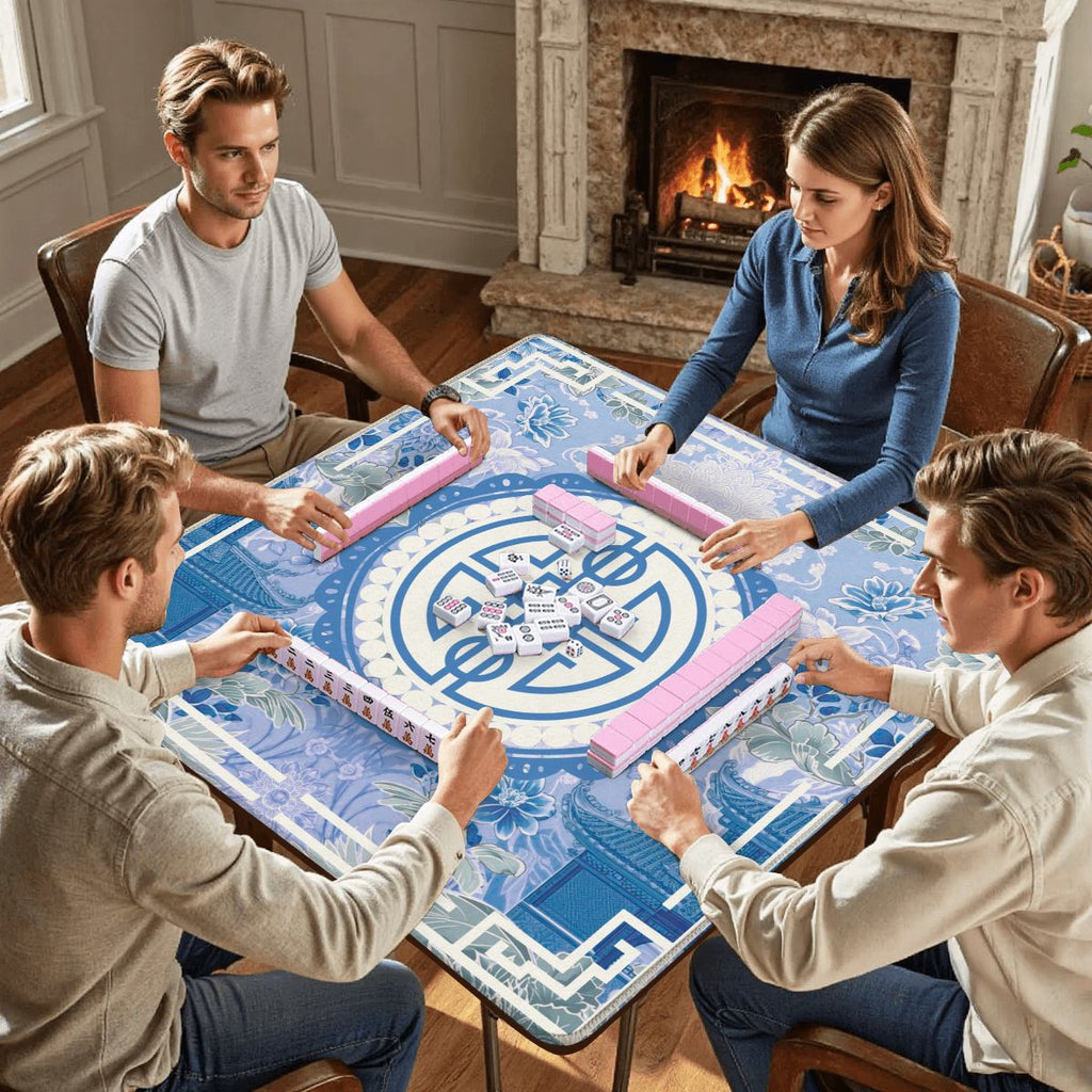 Asian Blue Chinoiserie Mahjong in the Moon Garden Mahjong Mat