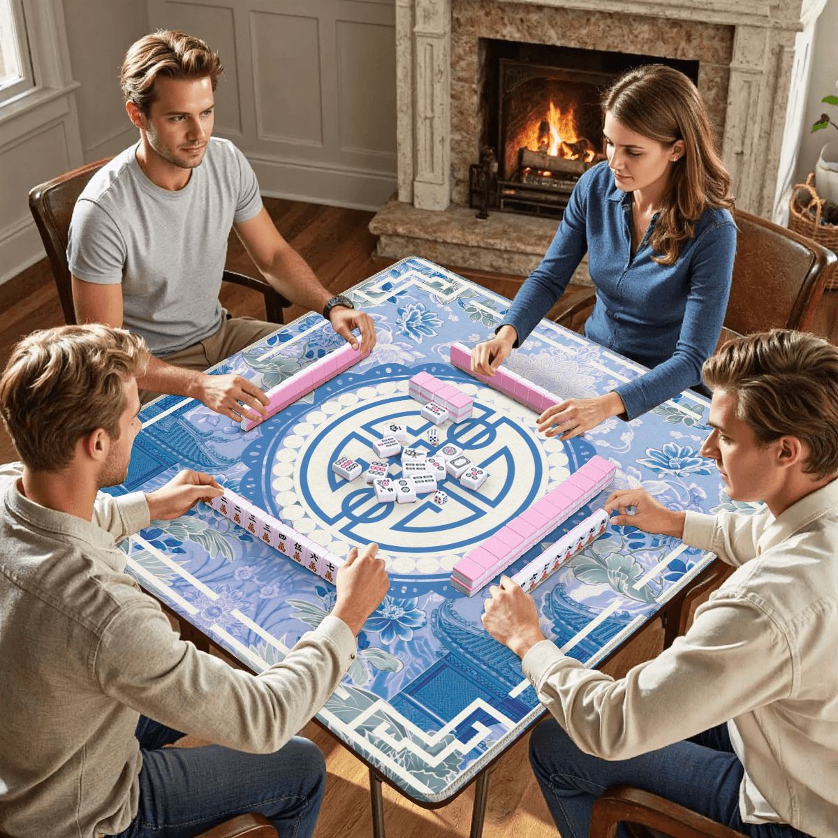 Asian Blue Chinoiserie Mahjong in the Moon Garden Mahjong Mat