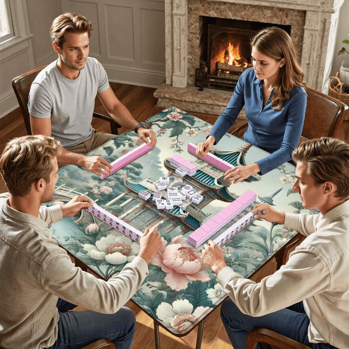 Asian Pagoda Gardens Chinoiserie Mahjong Mat