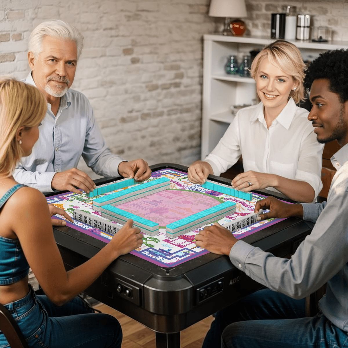 Asian Chinoiserie Gardens, Pagoda, Lantern Lavender And Blue Mahjong Mat