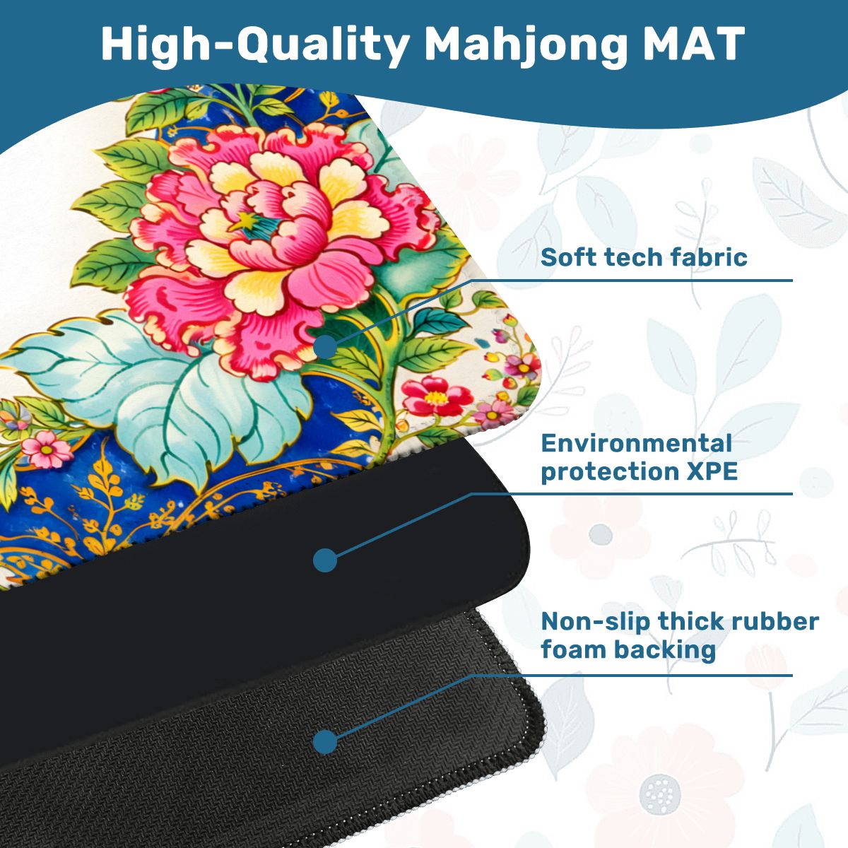 Asian Chinoiserie Tobacco Leaf Vibrant Floral Mahjong Mat