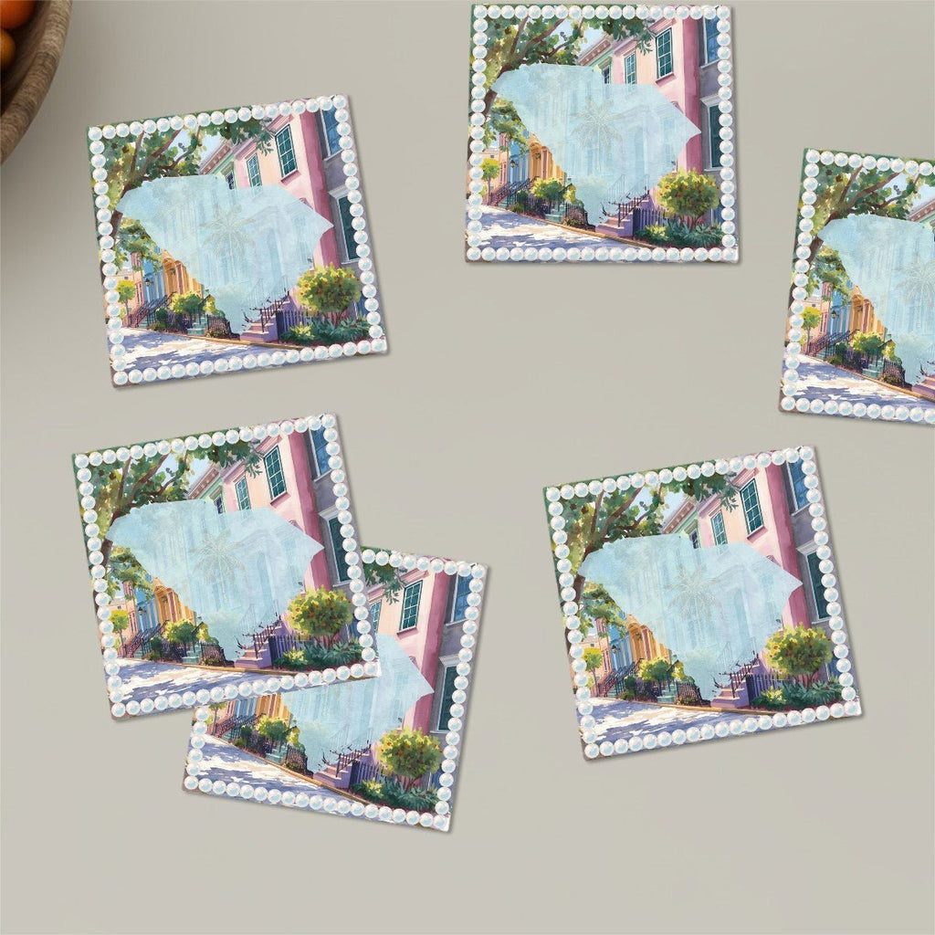 Charleston South Carolina Preppy Rainbow Row Square Ceramic Coasters