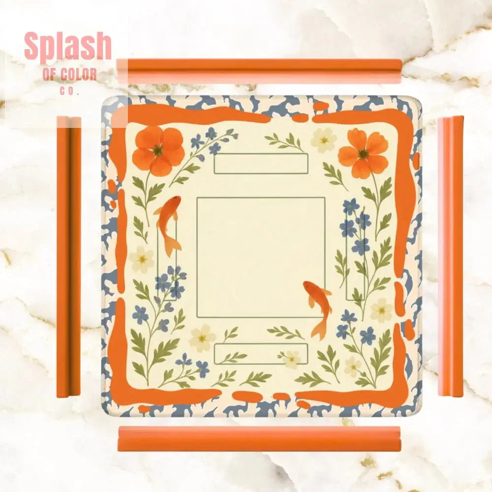Floating Garden, Orange, Periwinkle Blue Floral Fish Mahjong Mat