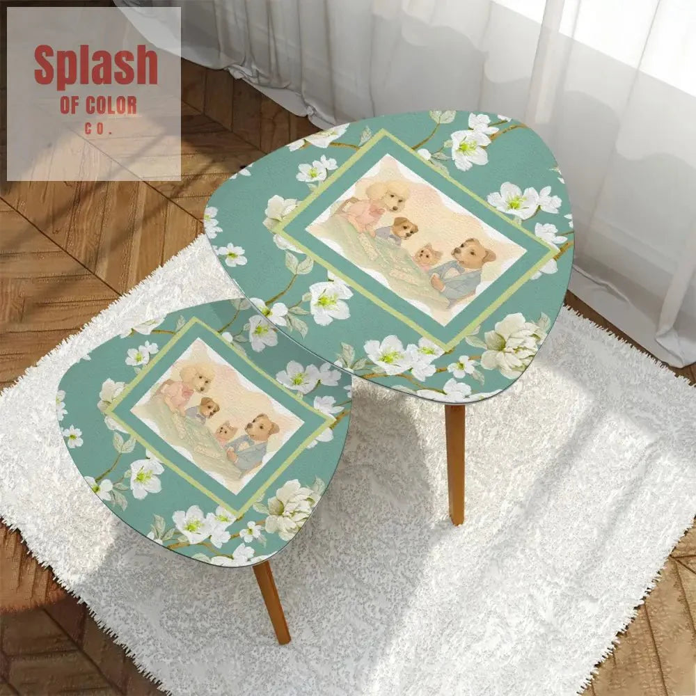 Floral Asian Dogs Playing Mahjong Whimsical Snack Nesting Tables For Mahj Night