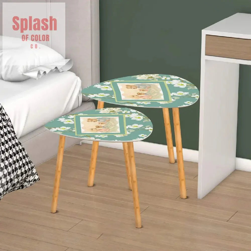 Floral Asian Dogs Playing Mahjong Whimsical Snack Nesting Tables For Mahj Night