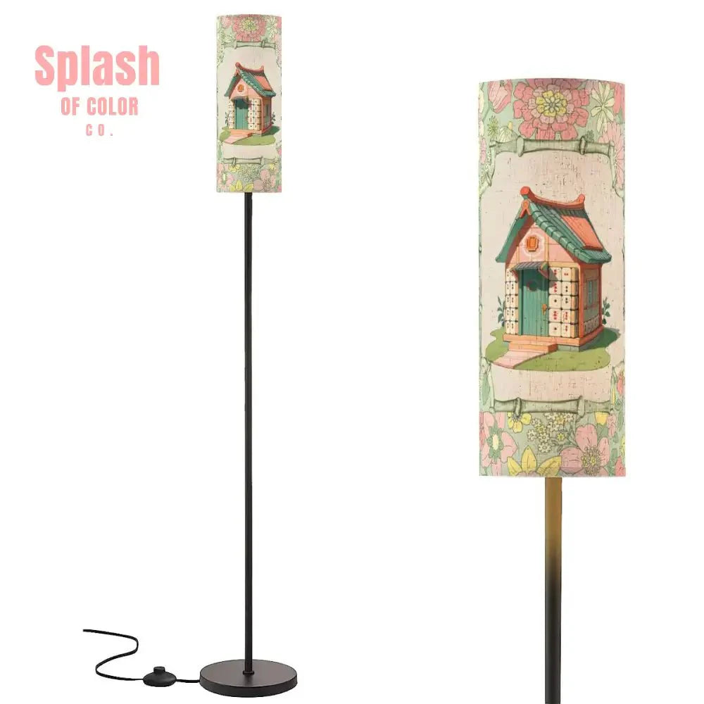 Floral Heritage Mahjong House, Whimsical Green, Pink Book Book Preppy Floor Lamp