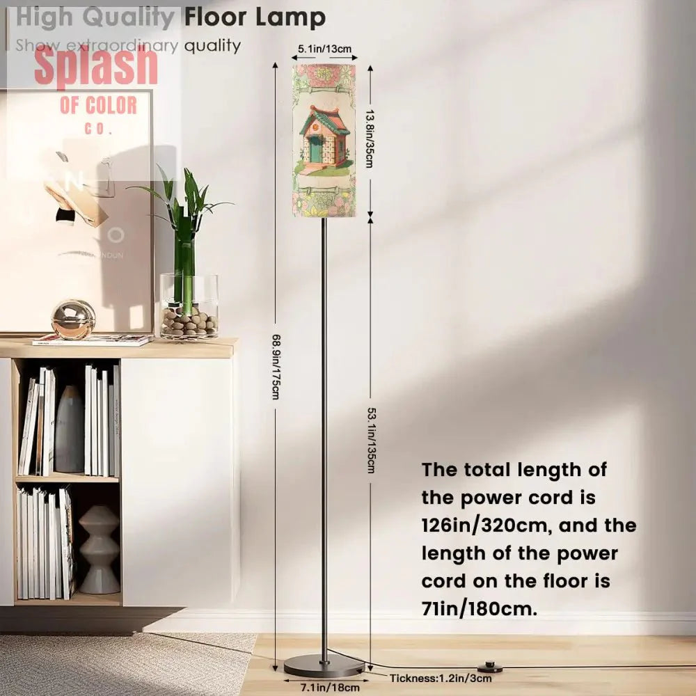Floral Heritage Mahjong House, Whimsical Green, Pink Book Book Preppy Floor Lamp