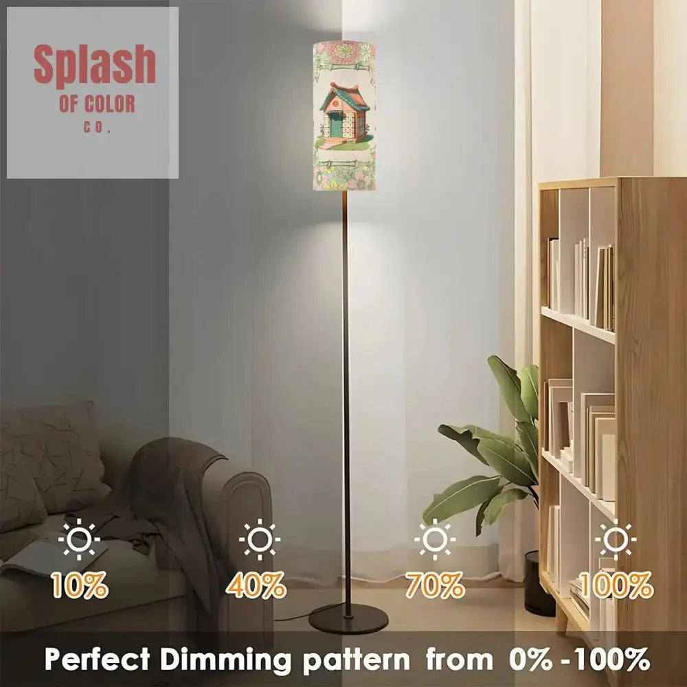 Floral Heritage Mahjong House, Whimsical Green, Pink Book Book Preppy Floor Lamp