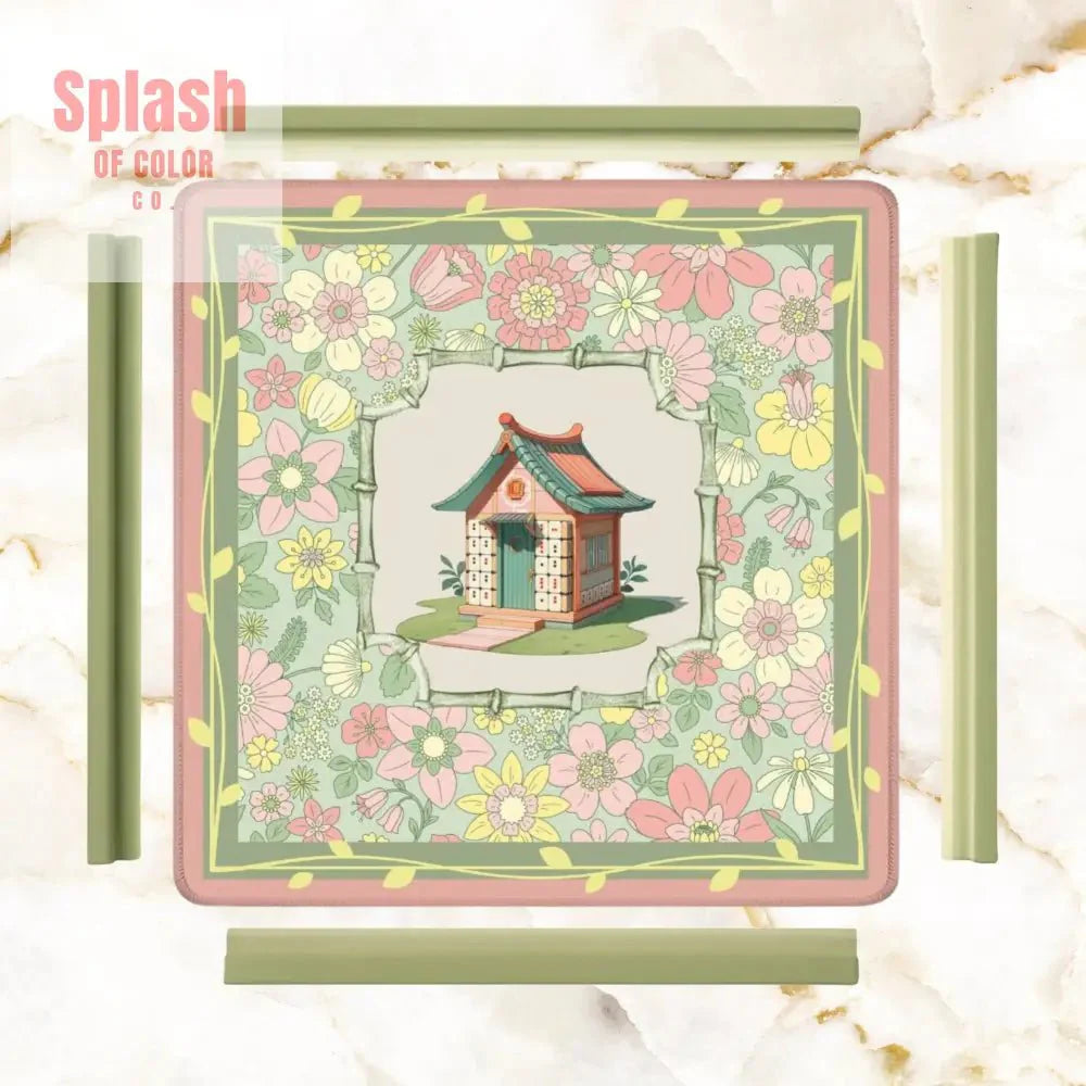 Floral Heritage Mahjong Mat, Whimsical Mahj House Pink Green Preppy Game Mat