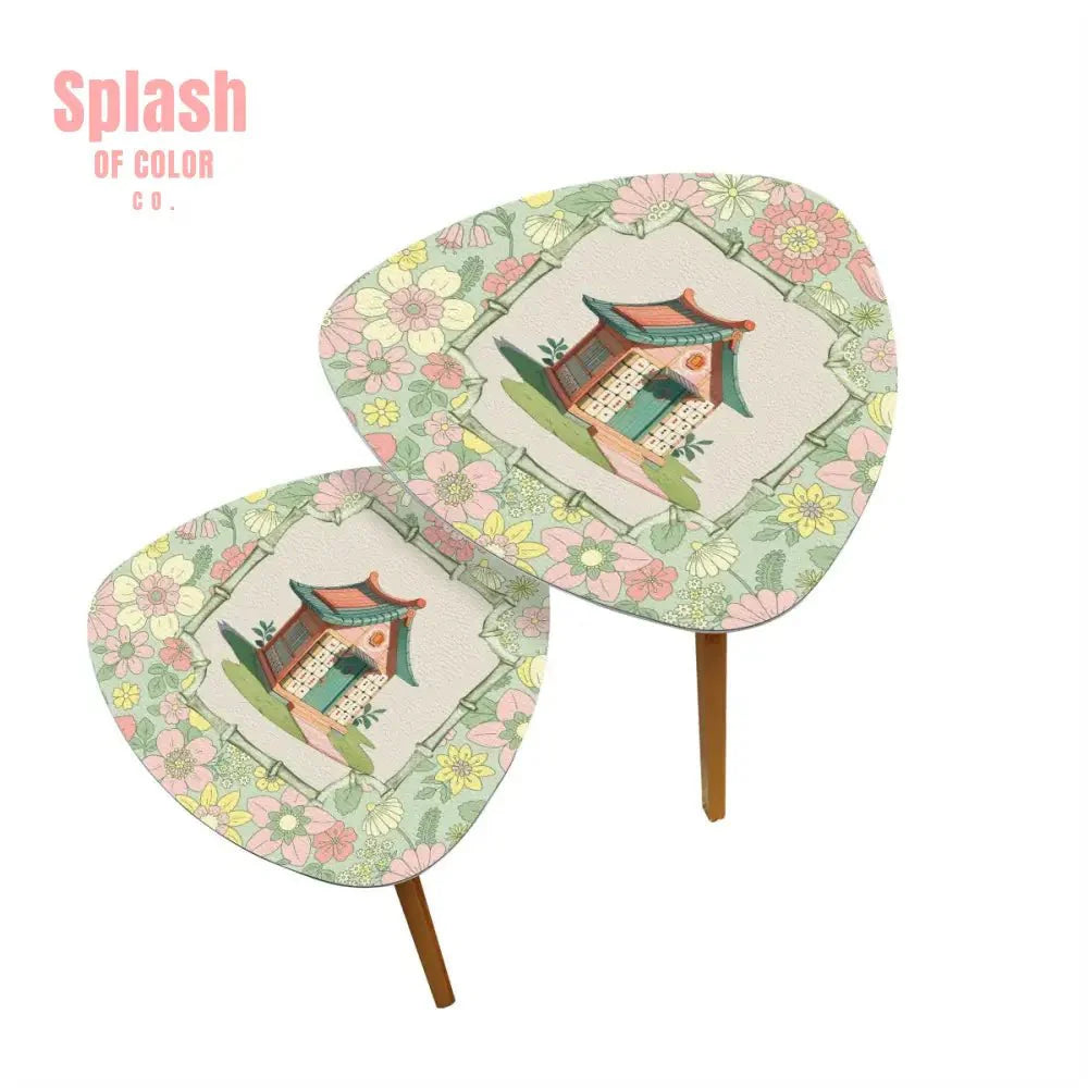 Floral Heritage Mahjong Nesting Tables, Whimsical Mahj House Pink Green Preppy Tables
