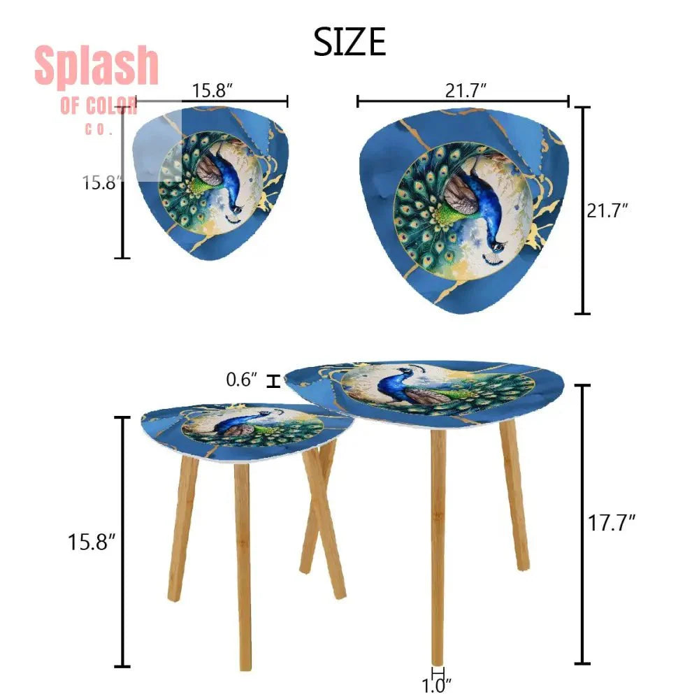 Floral Watercolor Peacock Marbled Blue And Gold Accent Asian Designed Nesting Tables