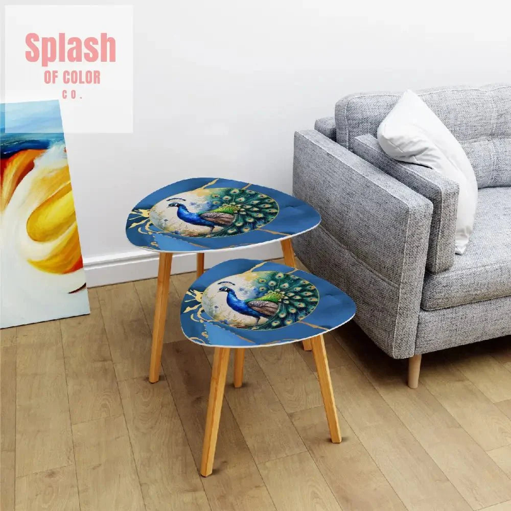 Floral Watercolor Peacock Marbled Blue And Gold Accent Asian Designed Nesting Tables