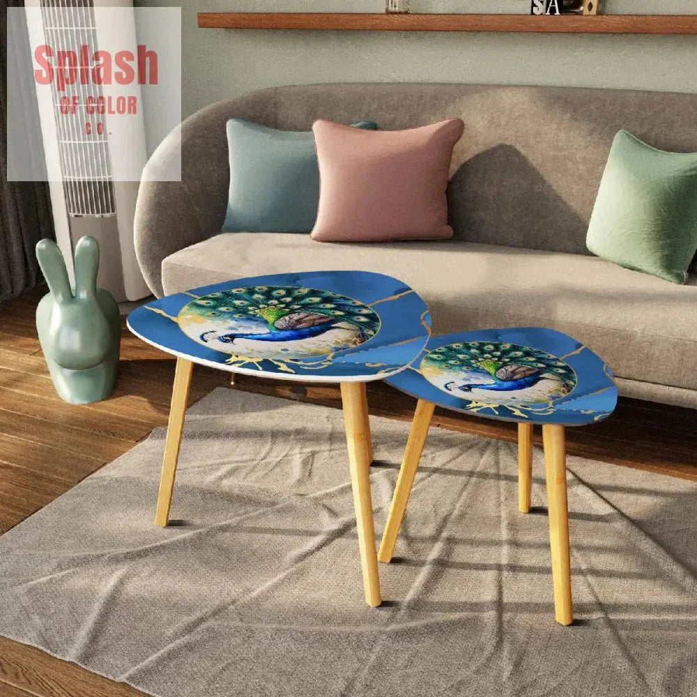 Floral Watercolor Peacock Marbled Blue And Gold Accent Asian Designed Nesting Tables