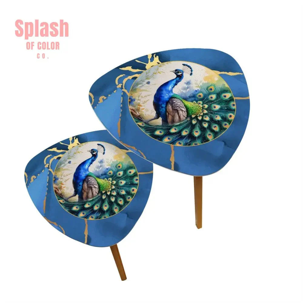 Floral Watercolor Peacock Marbled Blue And Gold Accent Asian Designed Nesting Tables