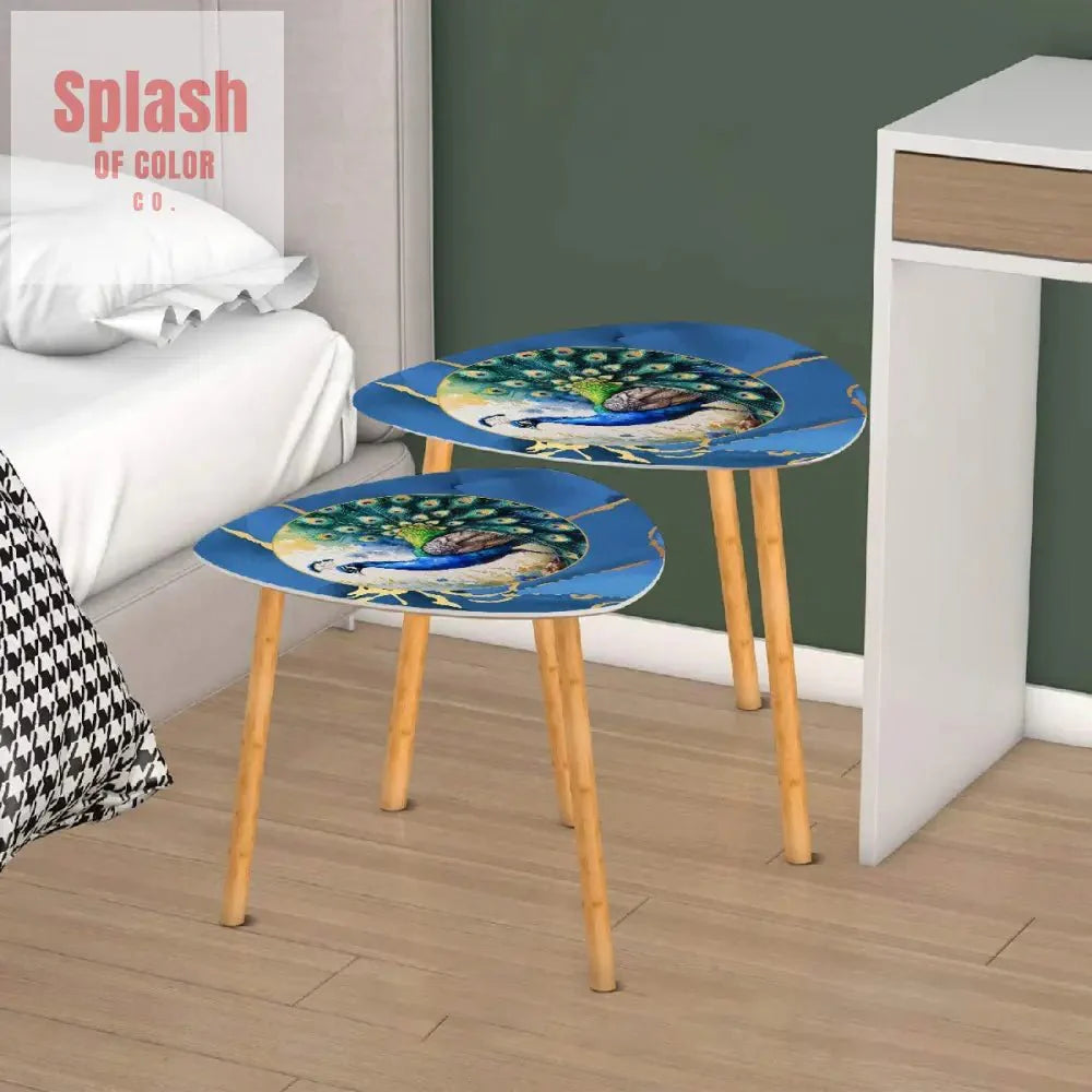 Floral Watercolor Peacock Marbled Blue And Gold Accent Asian Designed Nesting Tables