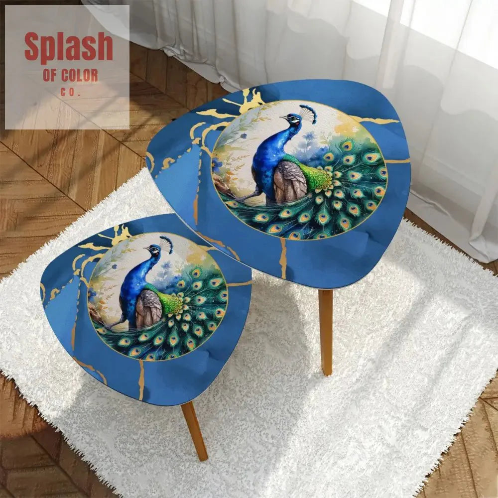 Floral Watercolor Peacock Marbled Blue And Gold Accent Asian Designed Nesting Tables