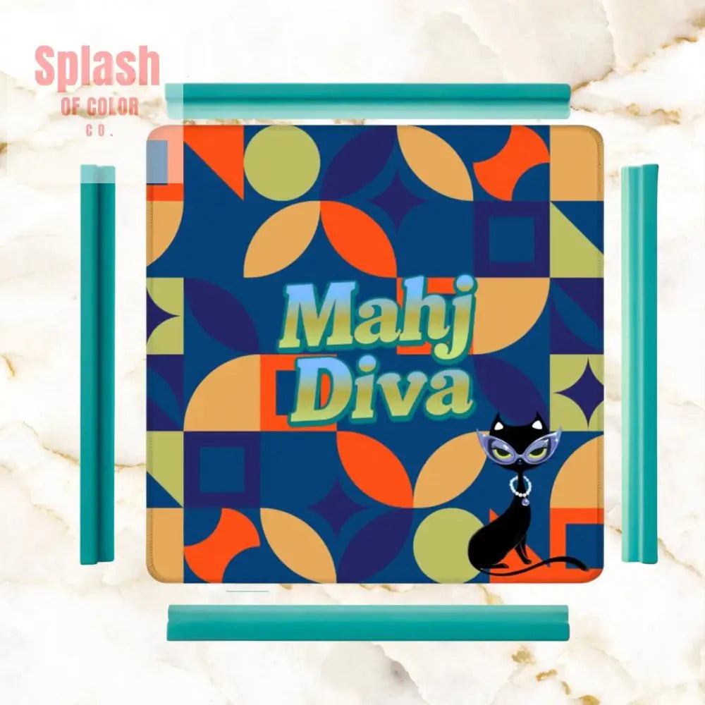 Funny Modern Mahjong Mat, Royal Blue Orange Green Yellow Mahj Diva Sophisticated Kitty