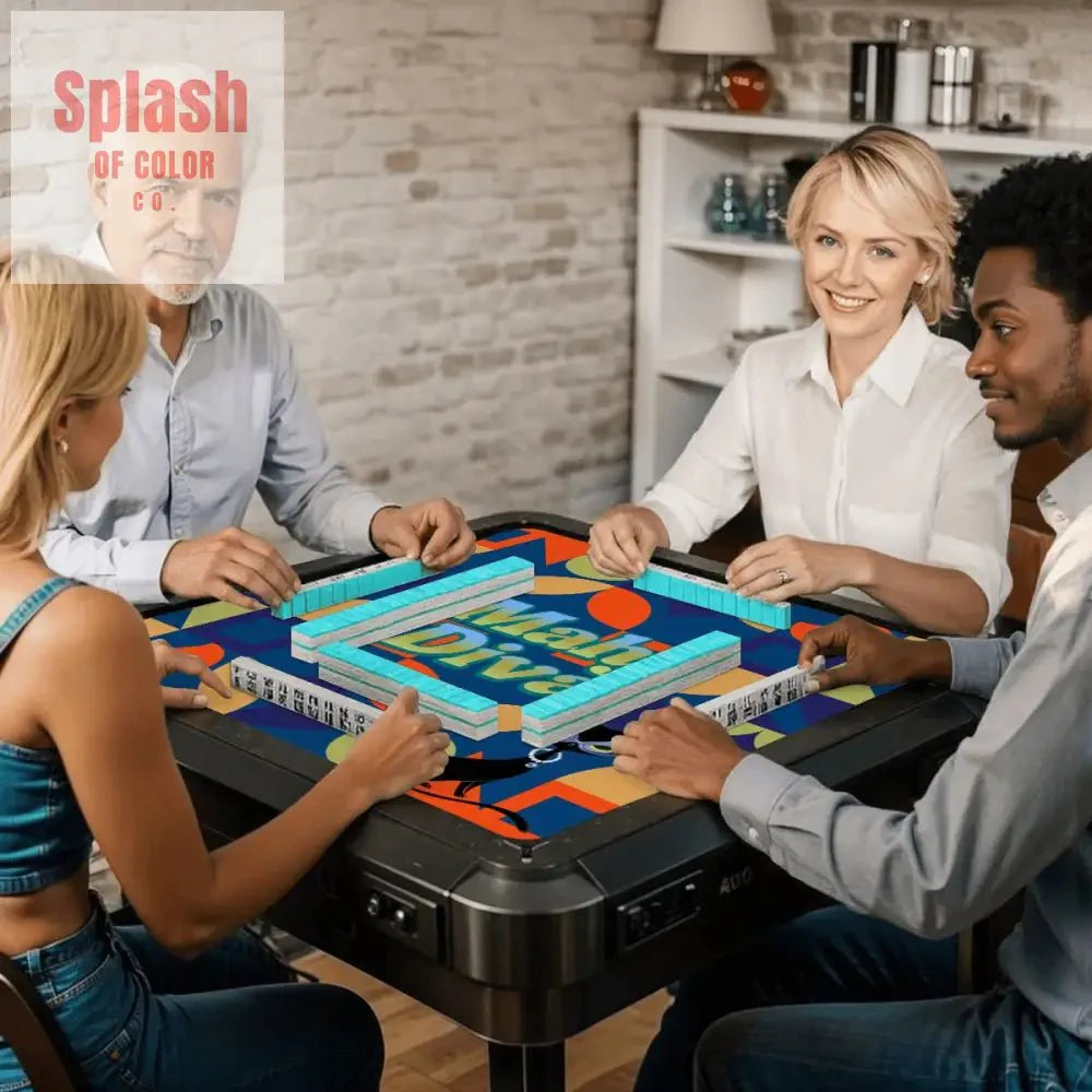 Funny Modern Mahjong Mat, Royal Blue Orange Green Yellow Mahj Diva Sophisticated Kitty