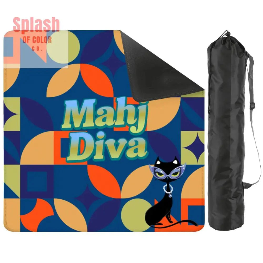 Funny Modern Mahjong Mat, Royal Blue Orange Green Yellow Mahj Diva Sophisticated Kitty