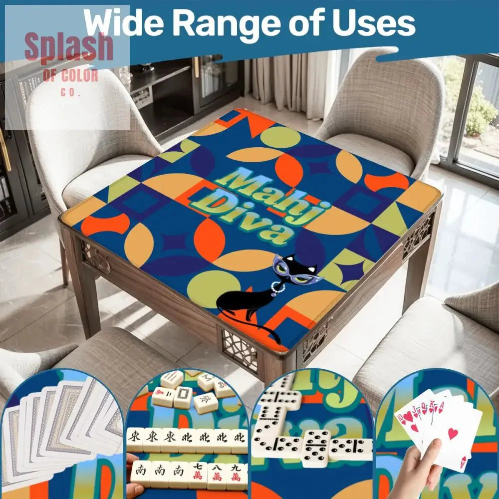 Funny Modern Mahjong Mat, Royal Blue Orange Green Yellow Mahj Diva Sophisticated Kitty