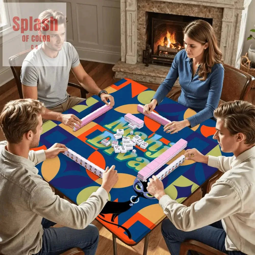 Funny Modern Mahjong Mat, Royal Blue Orange Green Yellow Mahj Diva Sophisticated Kitty
