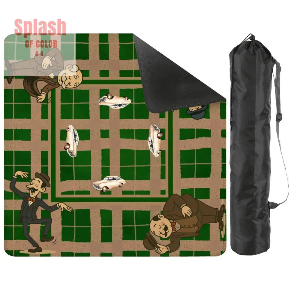 Gentlemen's Mahjong Mat, Dapper Men Classic Cars Green Tan Plaid Mahjong Mat