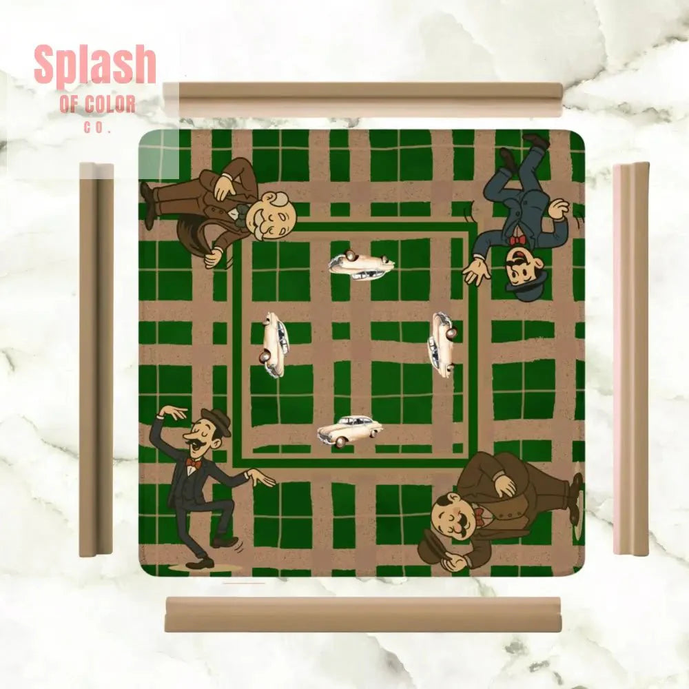 Gentlemen's Mahjong Mat, Dapper Men Classic Cars Green Tan Plaid Mahjong Mat