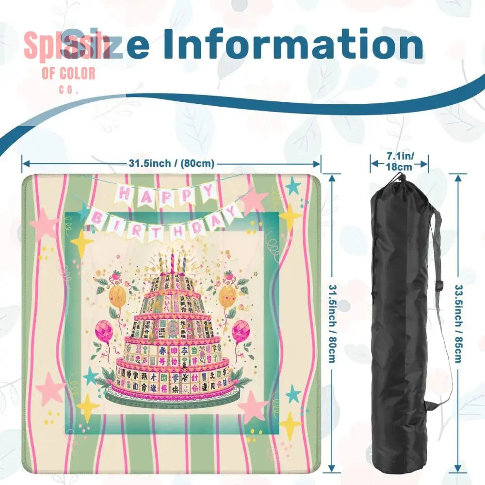 Happy Birthday Mahjong Mat, Tiered Mahjong Cake, Whimsical Pink Green Striped