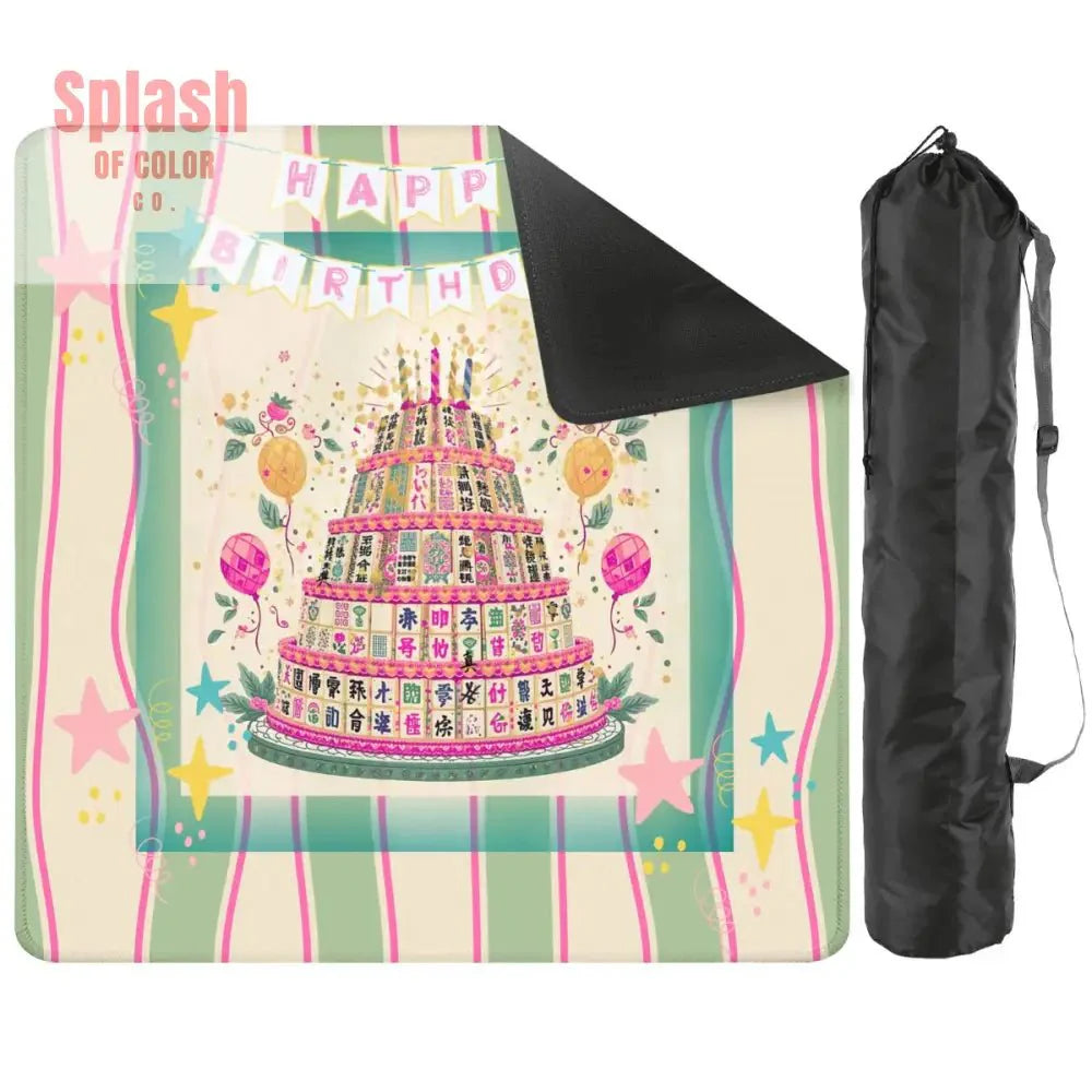 Happy Birthday Mahjong Mat, Tiered Mahjong Cake, Whimsical Pink Green Striped