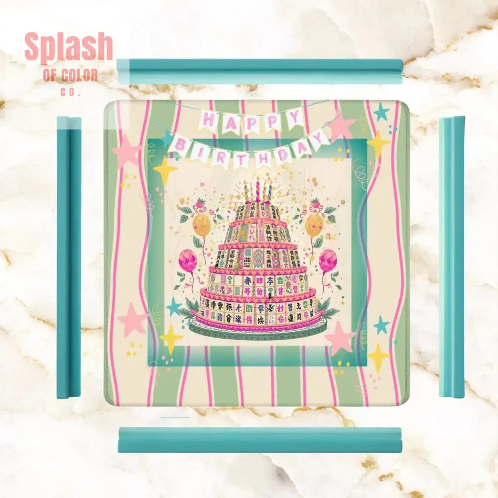 Happy Birthday Mahjong Mat, Tiered Mahjong Cake, Whimsical Pink Green Striped