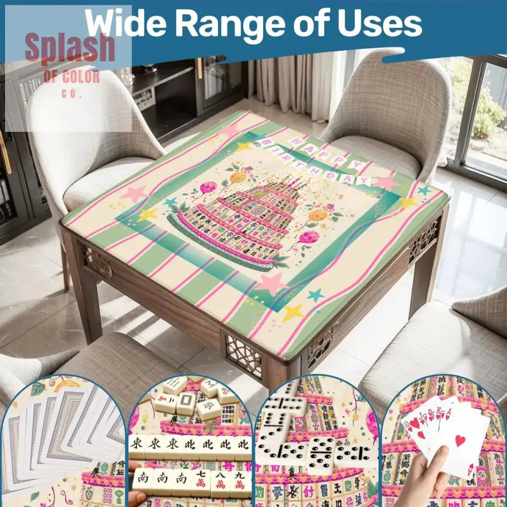 Happy Birthday Mahjong Mat, Tiered Mahjong Cake, Whimsical Pink Green Striped