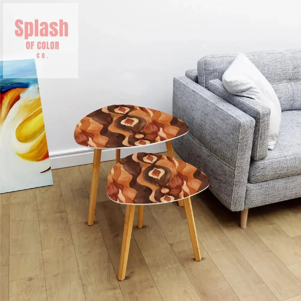 Ikat Boho Nesting Tables Brown Golden Watercolor, Bohemian Home Decor Side Tables