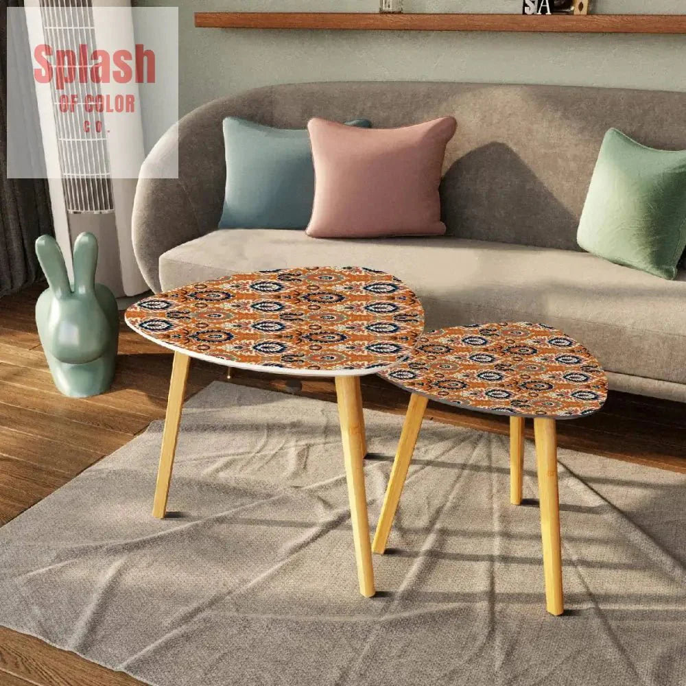 Ikat Paisley Boho Nesting Tables – Modern Bamboo Side Table Set, Space-Saving Coffee Tables for Living Room & Bedroom
