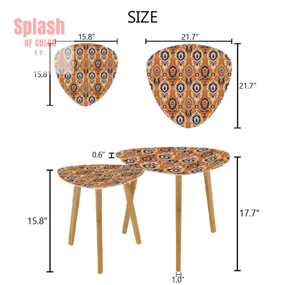 Ikat Paisley Boho Nesting Tables – Modern Bamboo Side Table Set, Space-Saving Coffee Tables for Living Room & Bedroom