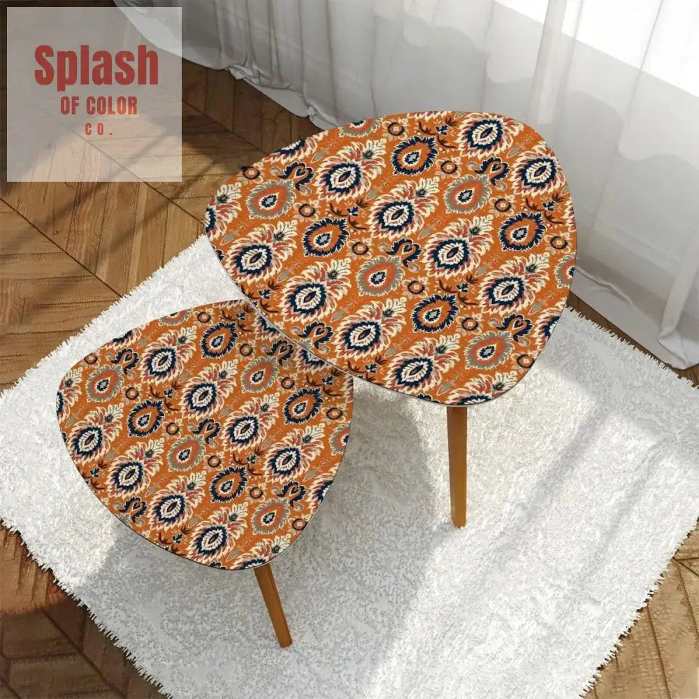 Ikat Paisley Boho Nesting Tables – Modern Bamboo Side Table Set, Space-Saving Coffee Tables for Living Room & Bedroom