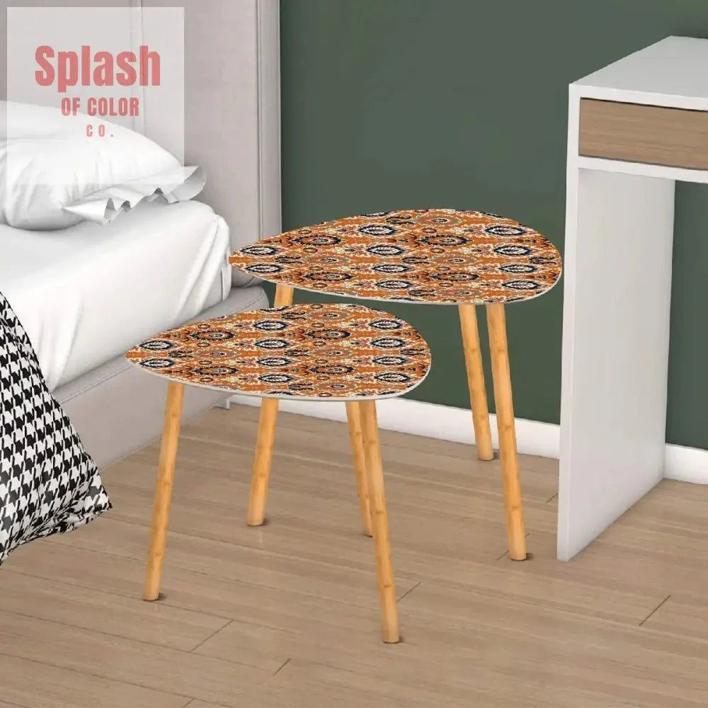 Ikat Paisley Boho Nesting Tables – Modern Bamboo Side Table Set, Space-Saving Coffee Tables for Living Room & Bedroom