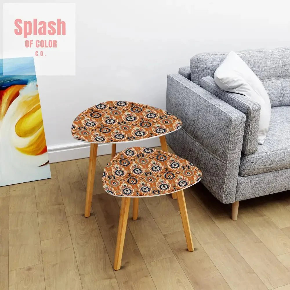 Ikat Paisley Boho Nesting Tables – Modern Bamboo Side Table Set, Space-Saving Coffee Tables for Living Room & Bedroom