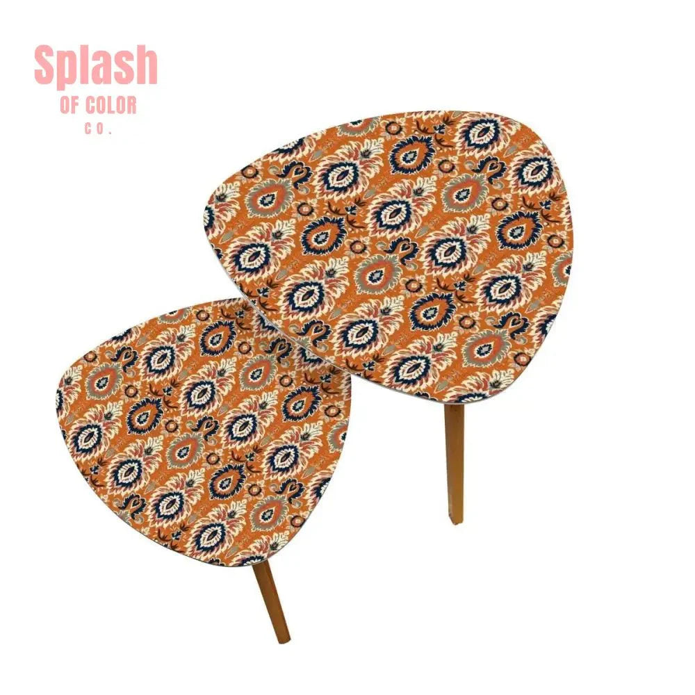 Ikat Paisley Boho Nesting Tables – Modern Bamboo Side Table Set, Space-Saving Coffee Tables for Living Room & Bedroom