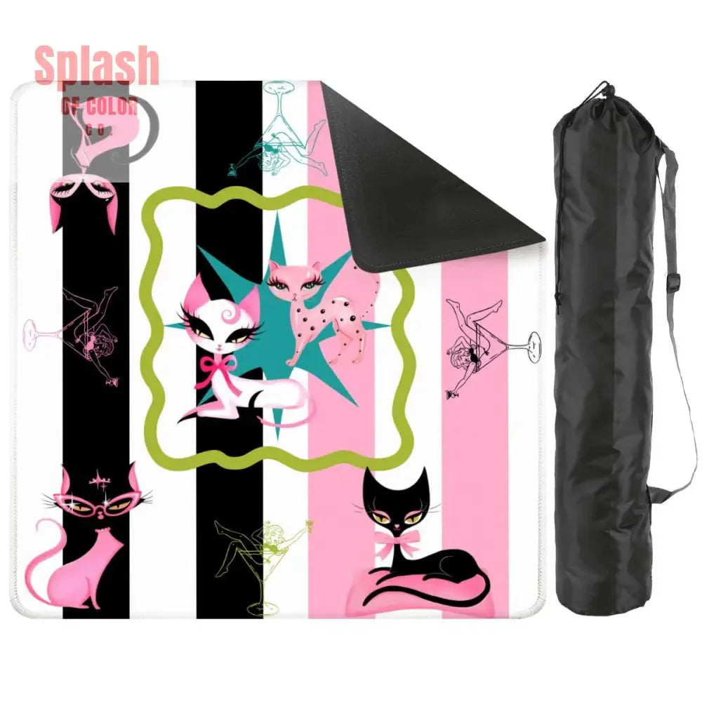 Kitty Cocktail Hour, Black Pink Whimsical Vintage Cats Mahjong Mat