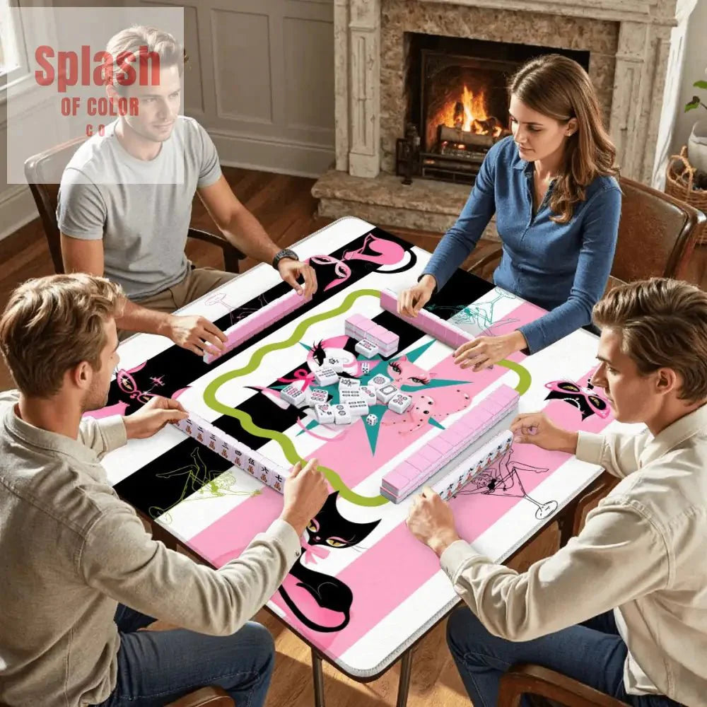 Kitty Cocktail Hour, Black Pink Whimsical Vintage Cats Mahjong Mat