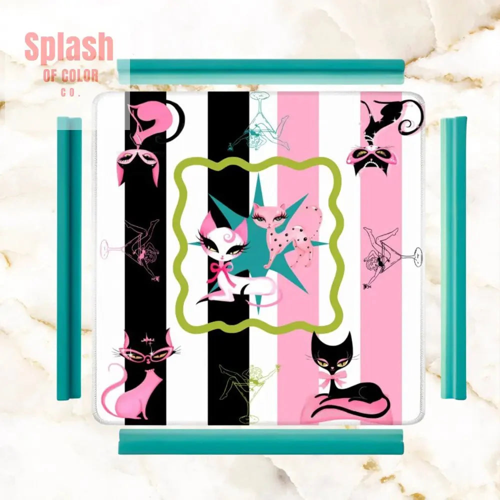 Kitty Cocktail Hour, Black Pink Whimsical Vintage Cats Mahjong Mat